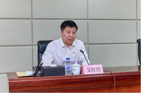图为省残联党组书记、理事长艾红锷主持会议并讲话